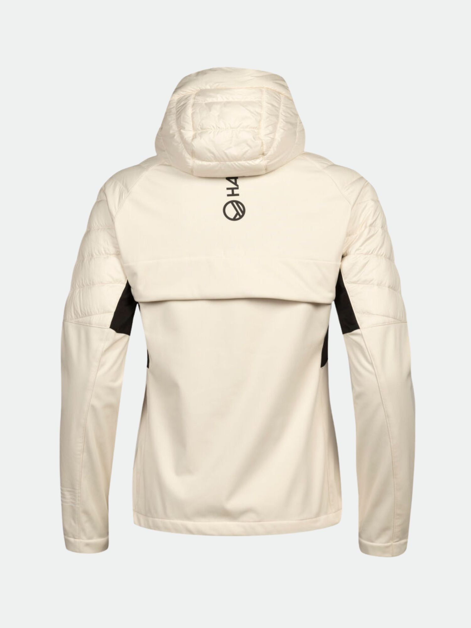 En krämfärgad Hanki Längdskidjacka Dam från Halti, bakifrån, med quiltade ärmar och en vertikal logo i övre mitten.