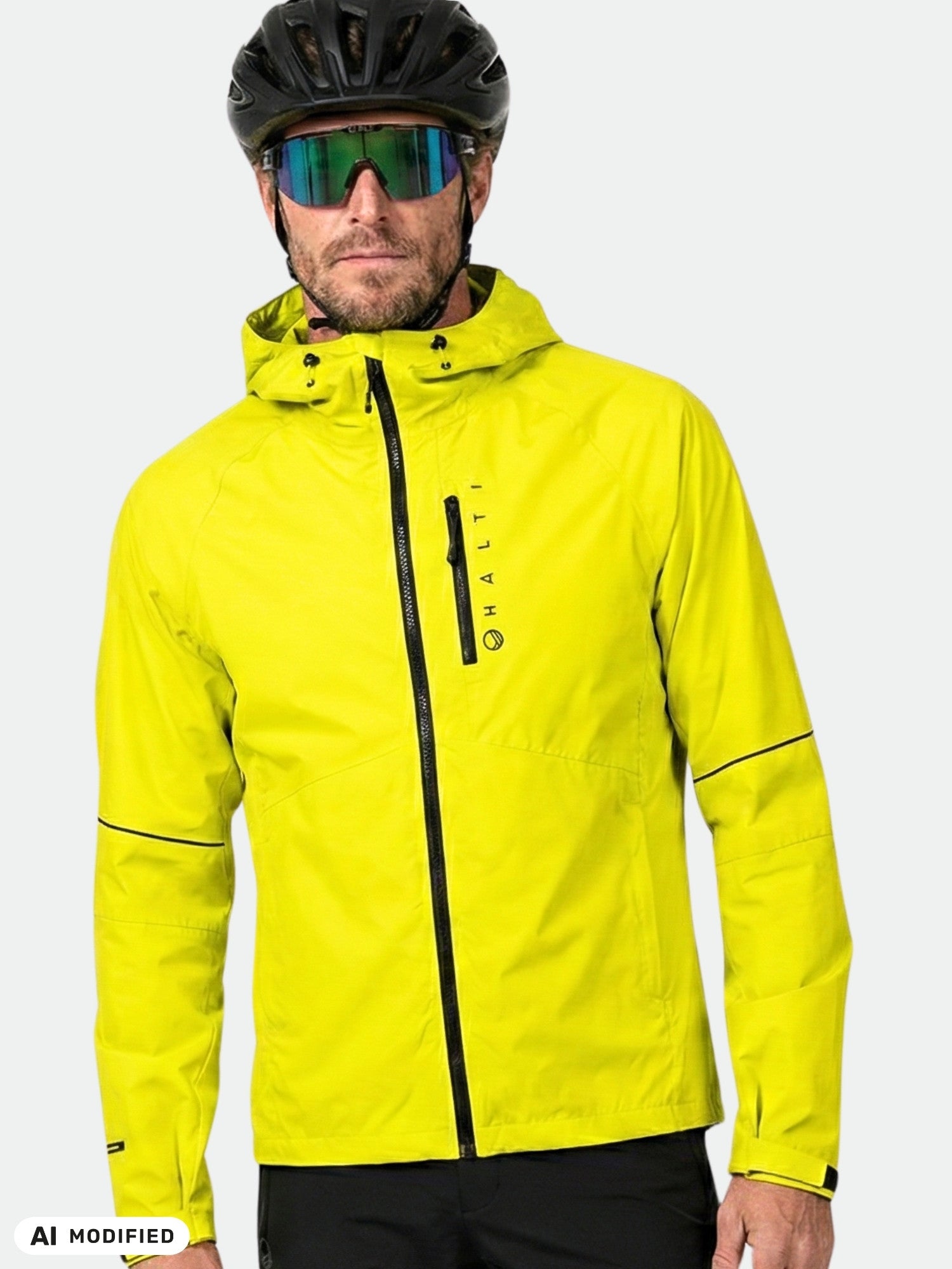 En man i en Halti Shelter Stormwall 3L-jacka för herrar och med hjälm, redo för cykling eller vinteraktiviteter, mot en enfärgad bakgrund.