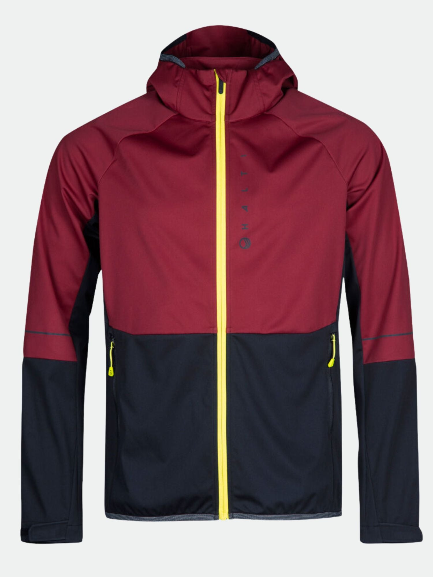 Halti Exhale Stormwall Jacka Herr: rödbrun/svart, gult blixtlås, softshell med huva på enfärgad bakgrund.