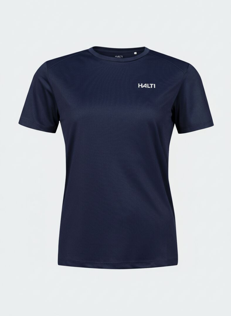 Salves T-skjorta Dam från Halti - marinblå teknisk t-shirt i återvunnen polyester, vit logga på vänster bröst.