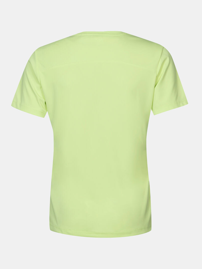 Baksida av Halti Salves T-skjorta Dam i ljusgulgrön färg, tillverkad av återvunnen polyester, mot vit bakgrund.
