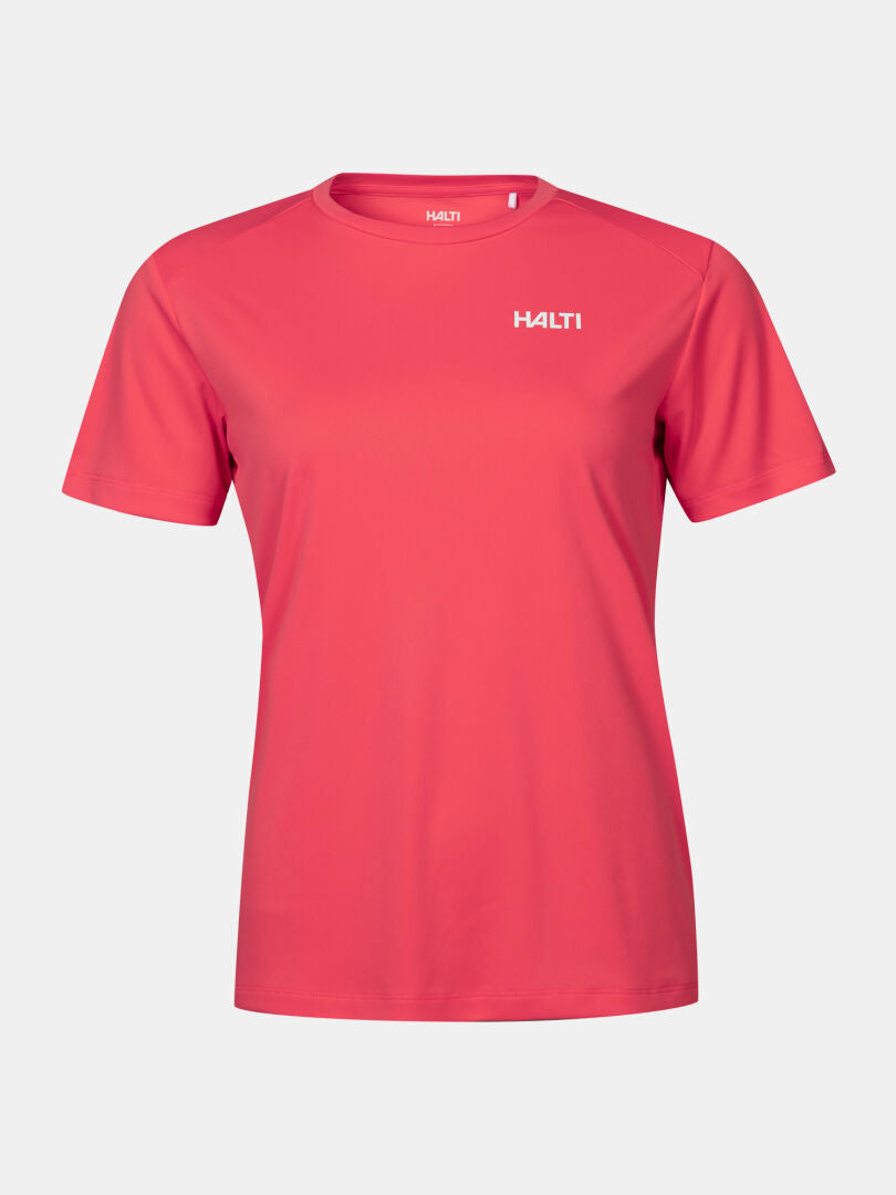 En enfärgad, kortärmad rosa Salves T-skjorta Dam från Halti i andningsbart tyg med logotyp på övre vänstra bröstet.