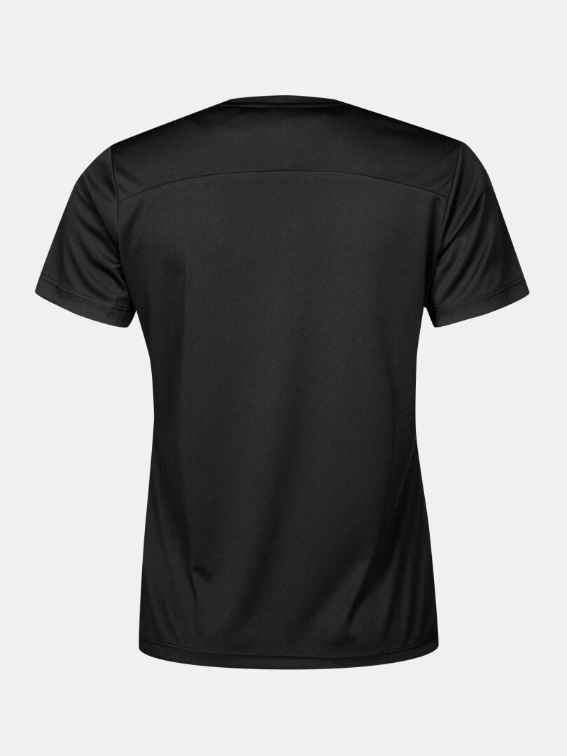 Baksida av Halti Salves T-skjorta Dam i svart, tillverkad av återvunnen polyester med andningsbart material.