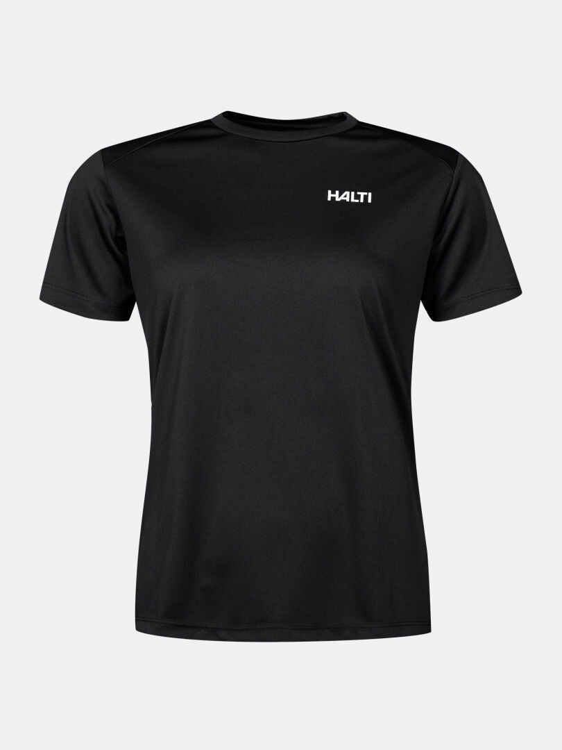 En svart Salves T-skjorta Dam från Halti med en liten vit logotyp, tillverkad av återvunnen polyester.