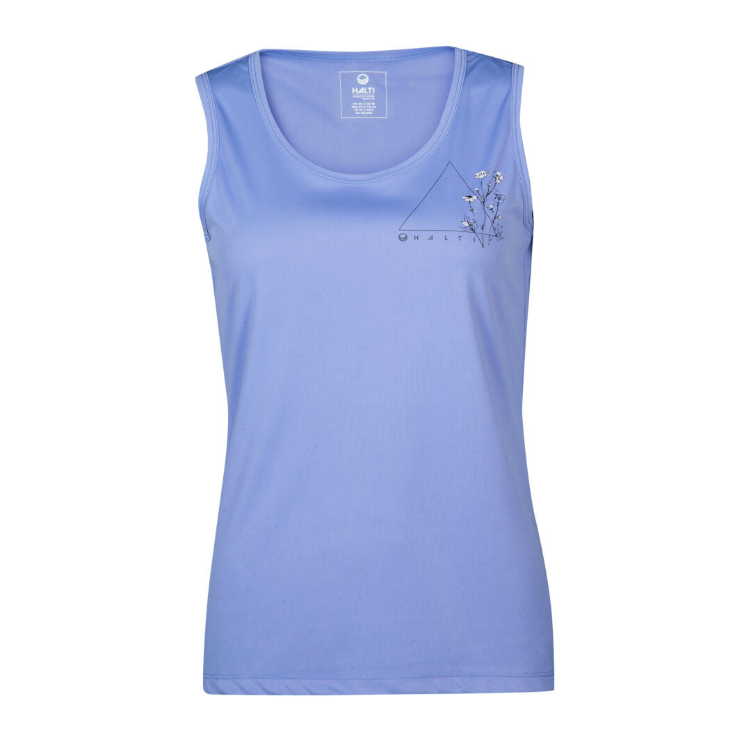 Halti Salves Topp Dam: ärmlös ljusblå topp med litet geometriskt och blommigt tryck, tillverkad av återvunnen polyester.