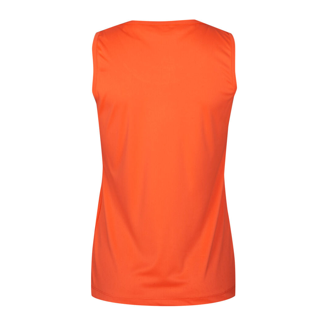 Halti Salves Topp Dam är en klarorange, ärmlös topp i återvunnen polyester för aktiva kvinnor, visad bakifrån.
