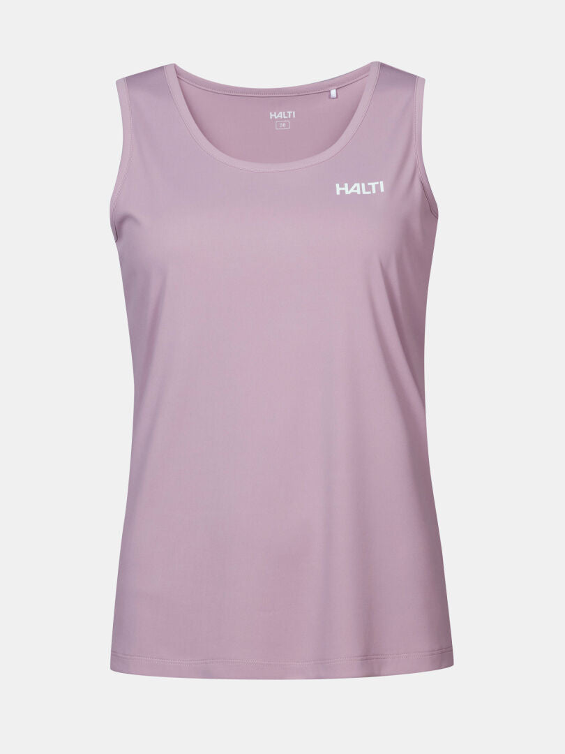 Salves Topp Dam by Halti: ärmlös lavendeltopp med rund hals, logo, tillverkad av återvunnen polyester.