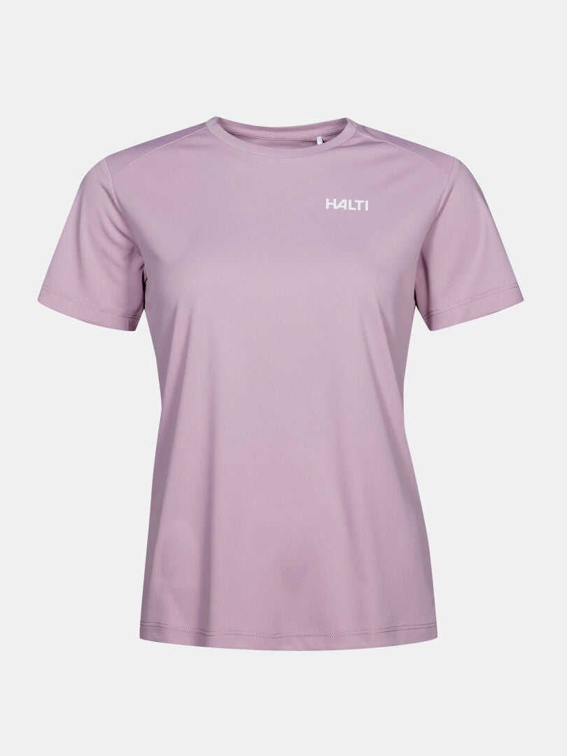 Ljuslila Salves T-skjorta Dam Plus från Halti, i återvunnen polyester, visas mot enkel bakgrund.