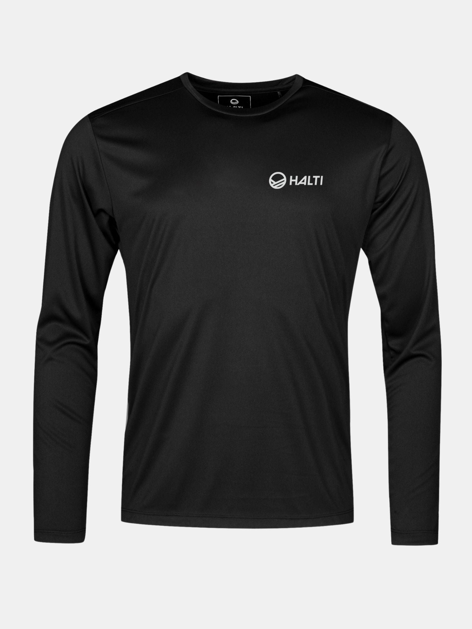 Salvor långärmad träningströja herr från Halti i svart tekniskt tyg med liten vit logga på vänster bröst.