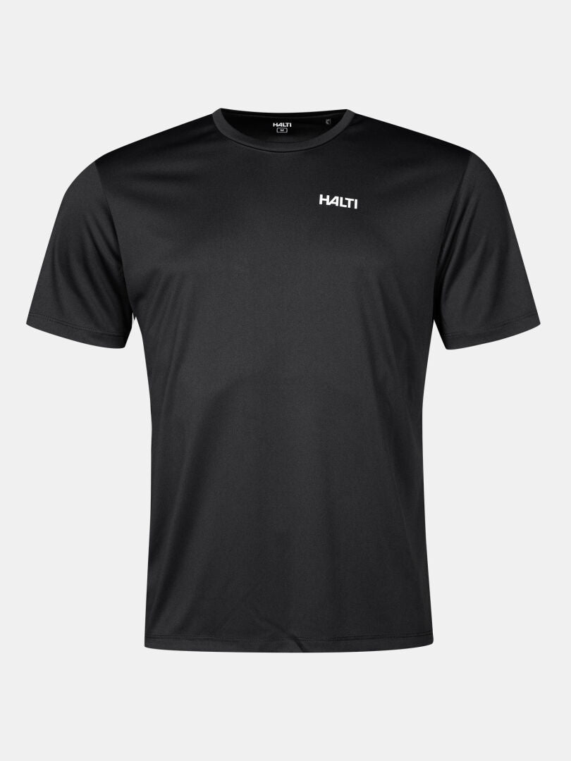Salves T-skjorta Herr från Halti - svart teknisk t-shirt i återvunnen polyester med liten vit logo, perfekt för uteliv.