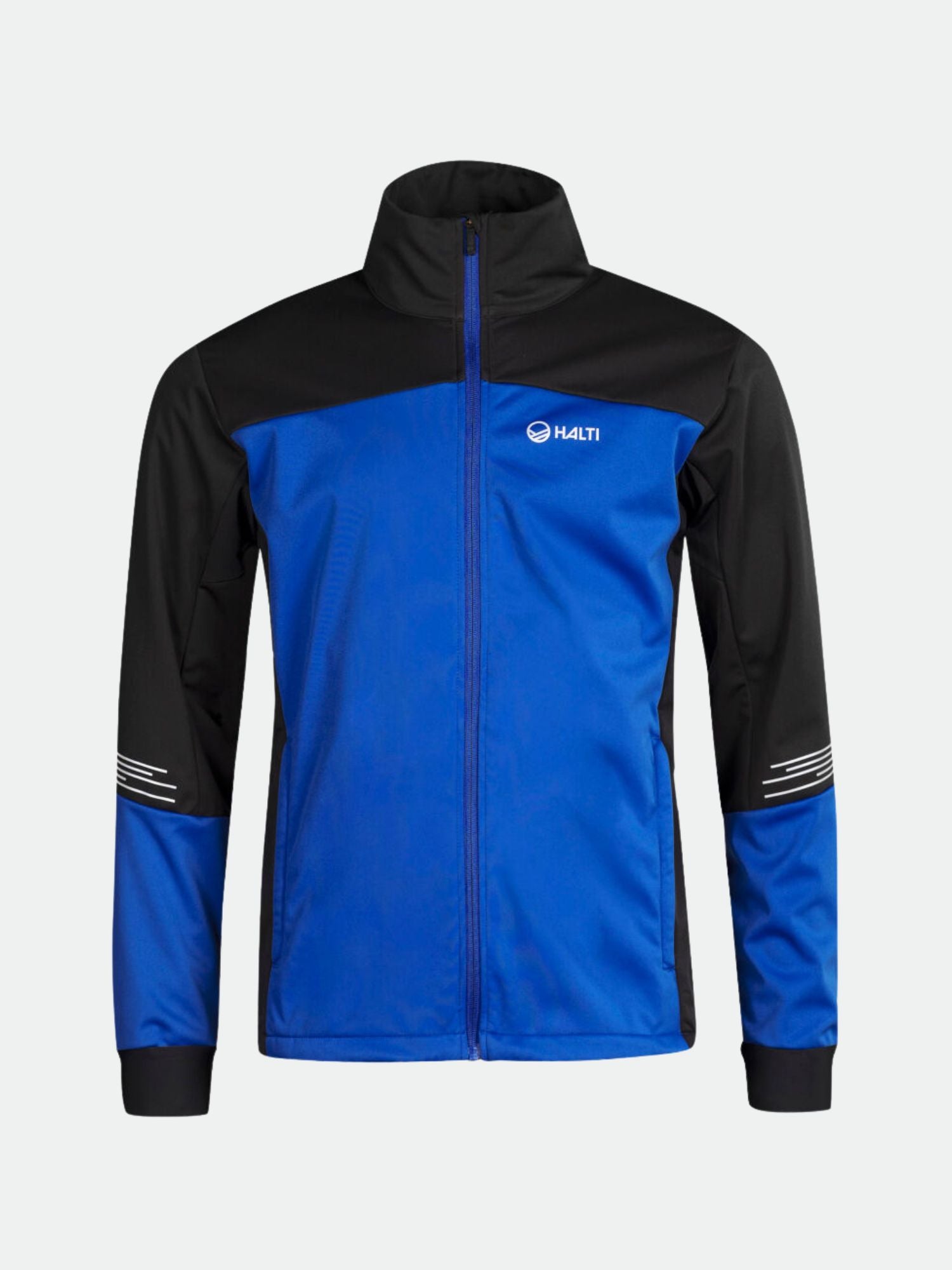 Siide Längdskiddräkt Herr från Halti: en blå och svart Stormwall® zip-up jacka med långa ärmar och hög krage.