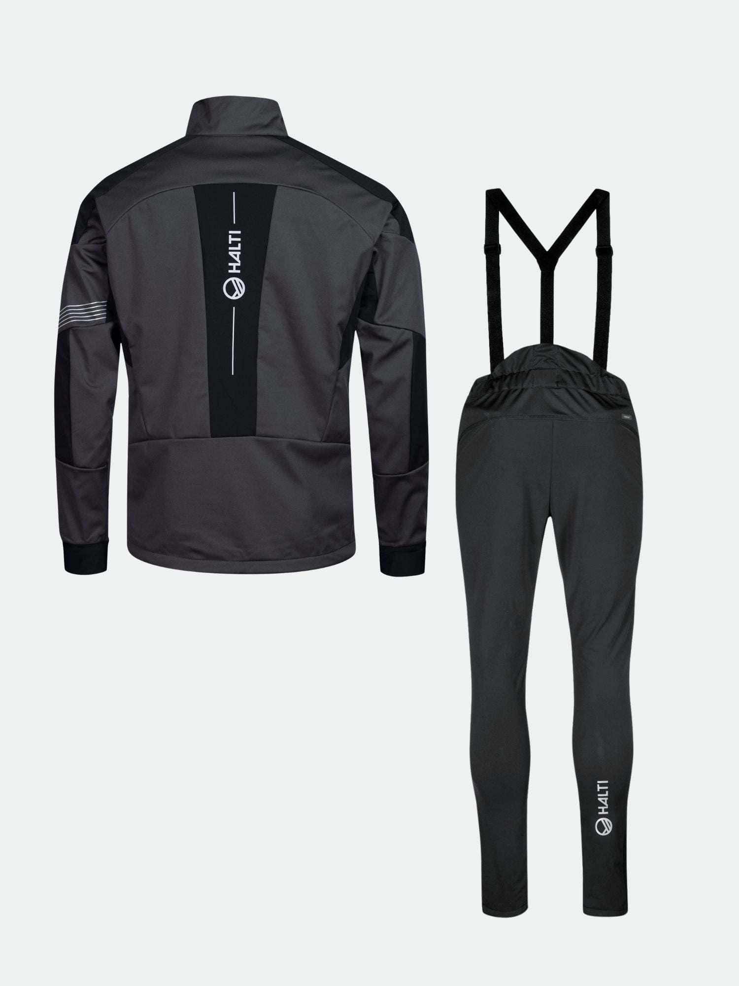 Ett mörkgrått Hyyde Längdskiddräkt Herr softshell-set från Halti för vinterträning, med bib-tights och vita logotyper.