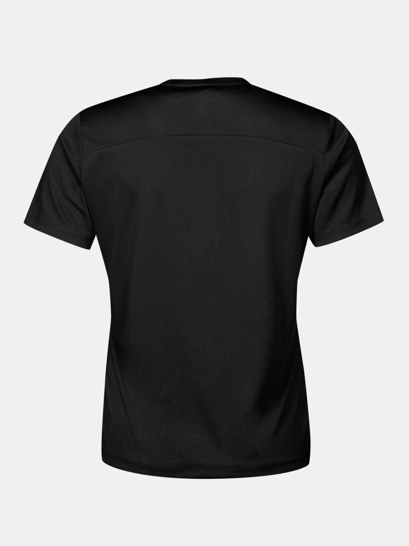 Baksidan av en svart Halti Teknisk T-tröja Dam Plus – en teknisk, kortärmad sport-T-shirt i stickat material.