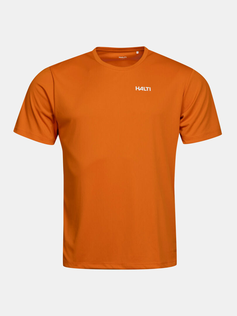 Halti Teknisk T-shirt för herrar: orange, teknisk, snabbtorkande T-shirt med korta ärmar, rund halsringning och logotyp på bröstet.