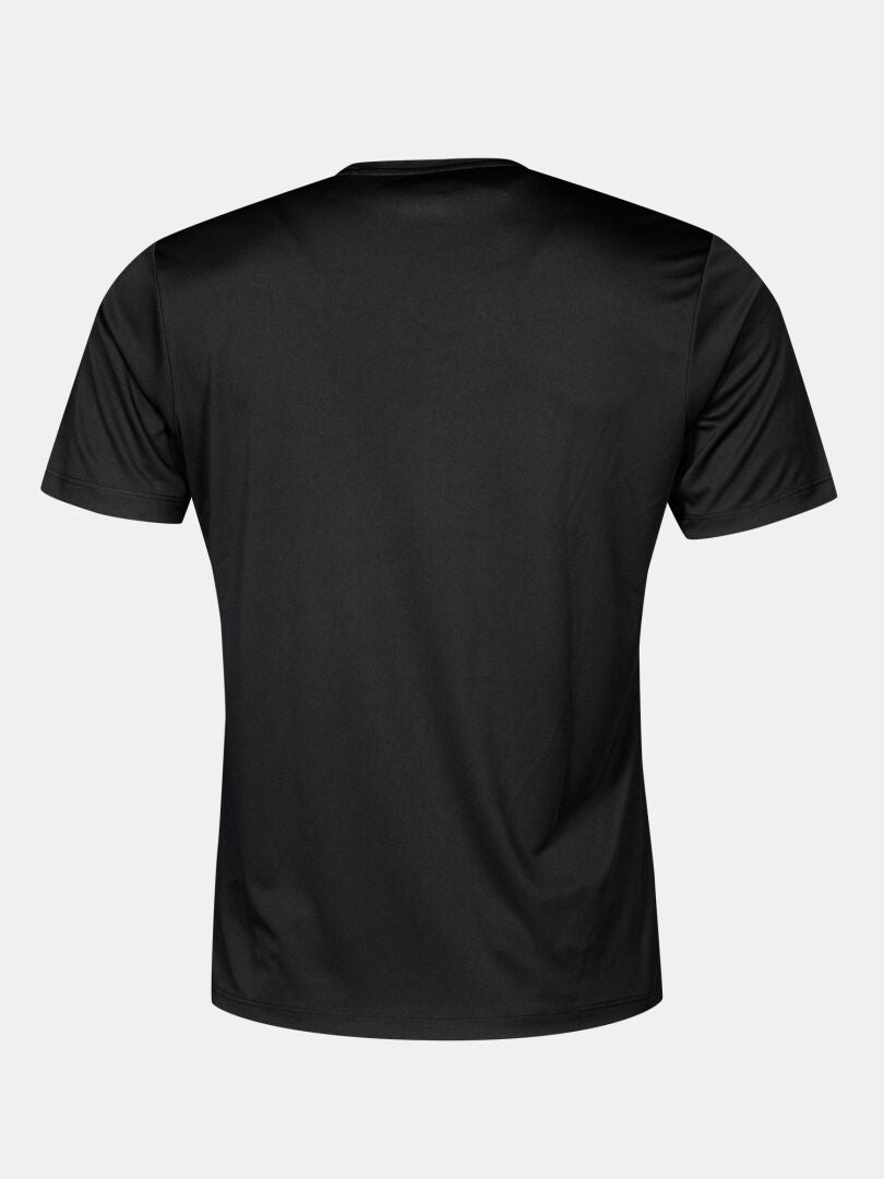Baksidan av en enfärgad svart kortärmad Teknisk t-tröja Herr – en teknisk sport-t-shirt.