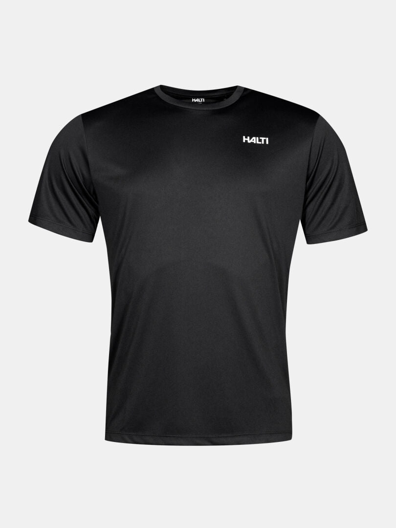 Svart, snabbtorkande Halti Teknisk T-shirt för herrar med en vit logotyp på bröstet.