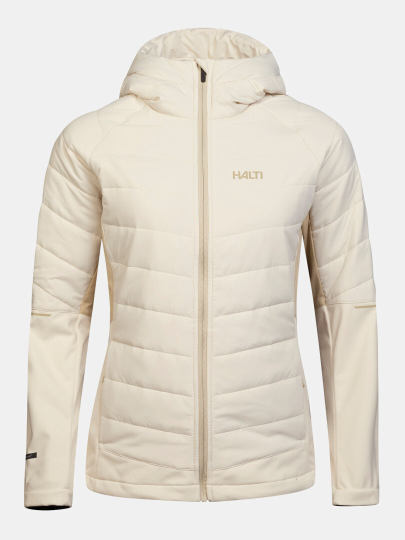 Off-white Halti Hanki 2 Hybrid längdskidjacka för dam, en jacka med huva, quiltad Microtherm-isolering i överkroppen och dragkedja fram.