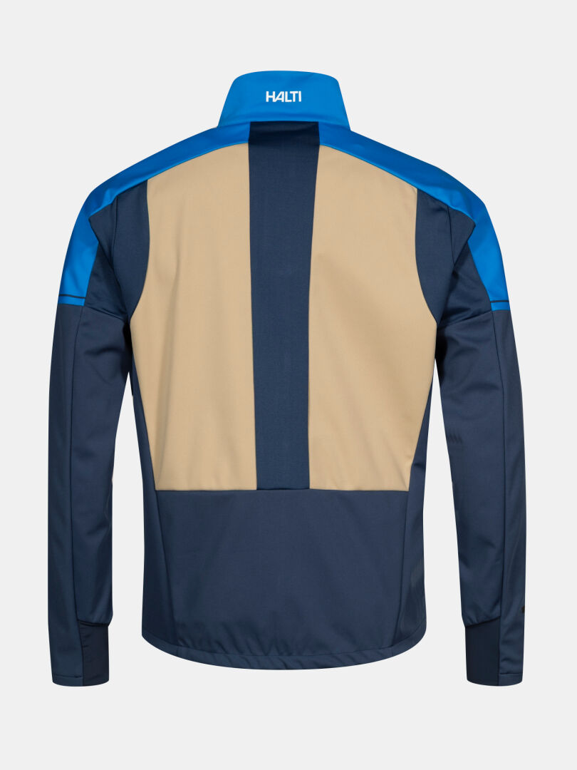 Halti Framover Längdskidjacka Herr, som visas bakifrån, har blå ärmar och en brun/marinfärgad bakpanel med HALTI på kragen.