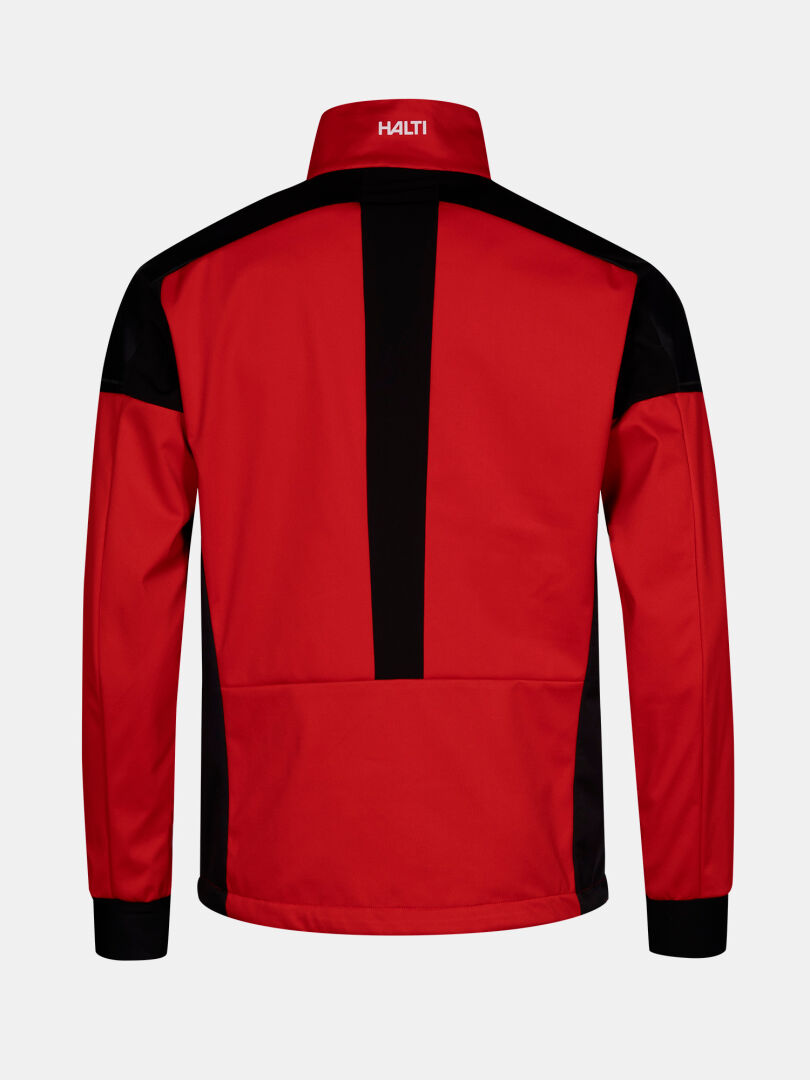 En röd Halti Huuru Längdskiddräkt Herr med svarta paneler och en rand, perfekt för vinterträning; Halti på kragen.