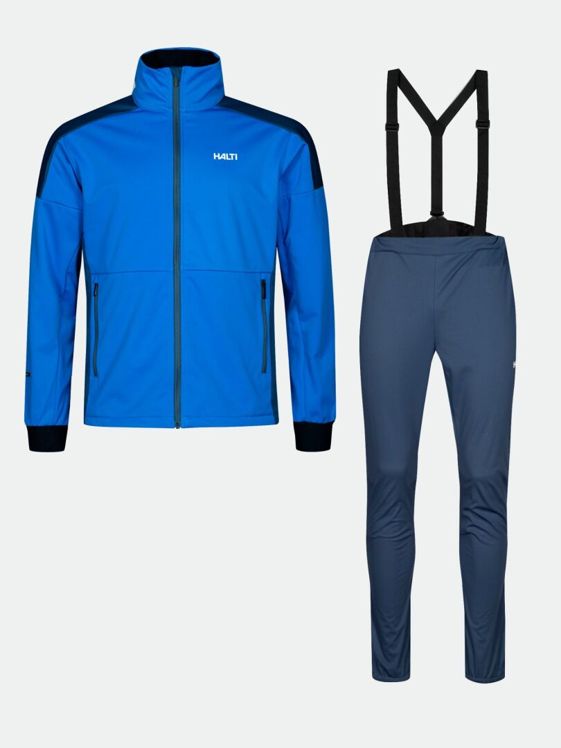 Halti Huuru Längdskiddräkt Herrblå softshell med svarta accenter, perfekt för vinteraktivitet, på vit bakgrund.