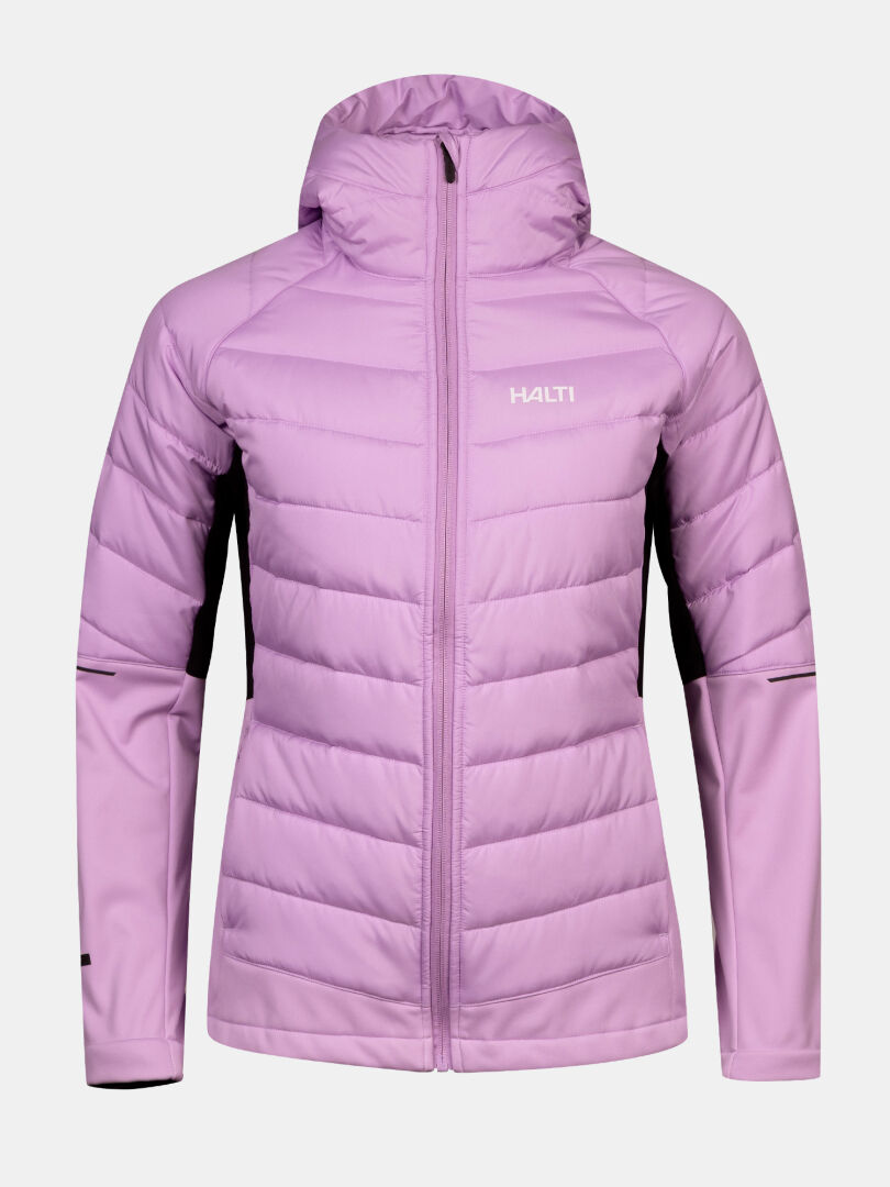 Ljuslila Halti Hanki 2 Hybrid Längdskidjacka Dam Plus – en quiltad jacka med huva och svarta softshell-sidopaneler.