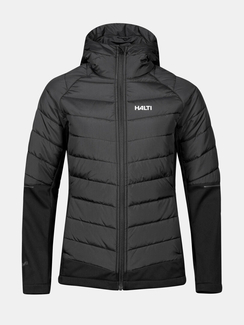 En svart Halti Hanki 2 Hybrid Längdskidjacka Dam Plus med Microtherm-vaddering, återvunnen polyester, dragkedja fram, långa ärmar.