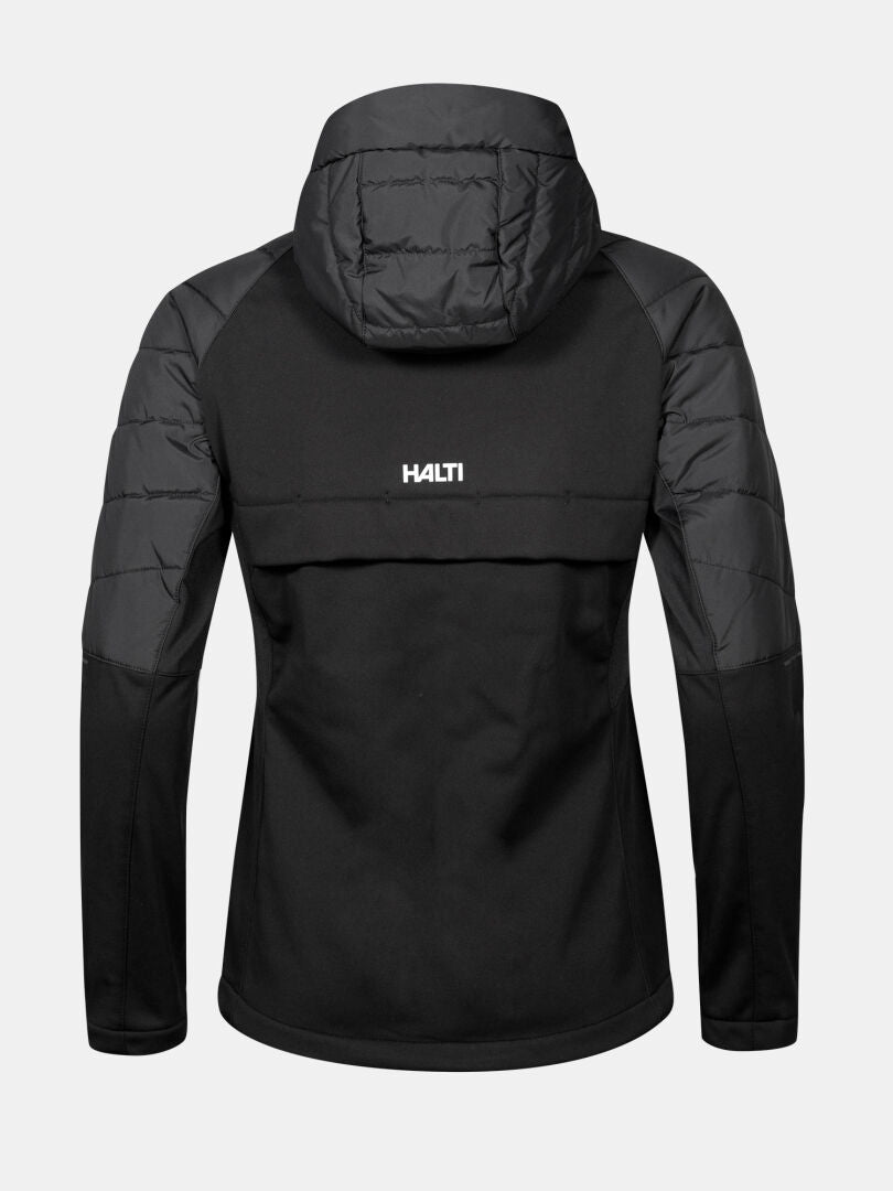 En svart Halti Hanki 2 Hybrid Längdskidjacka Dam Plus med Microtherm-vaddering, återvunnen polyester, dragkedja fram, långa ärmar.