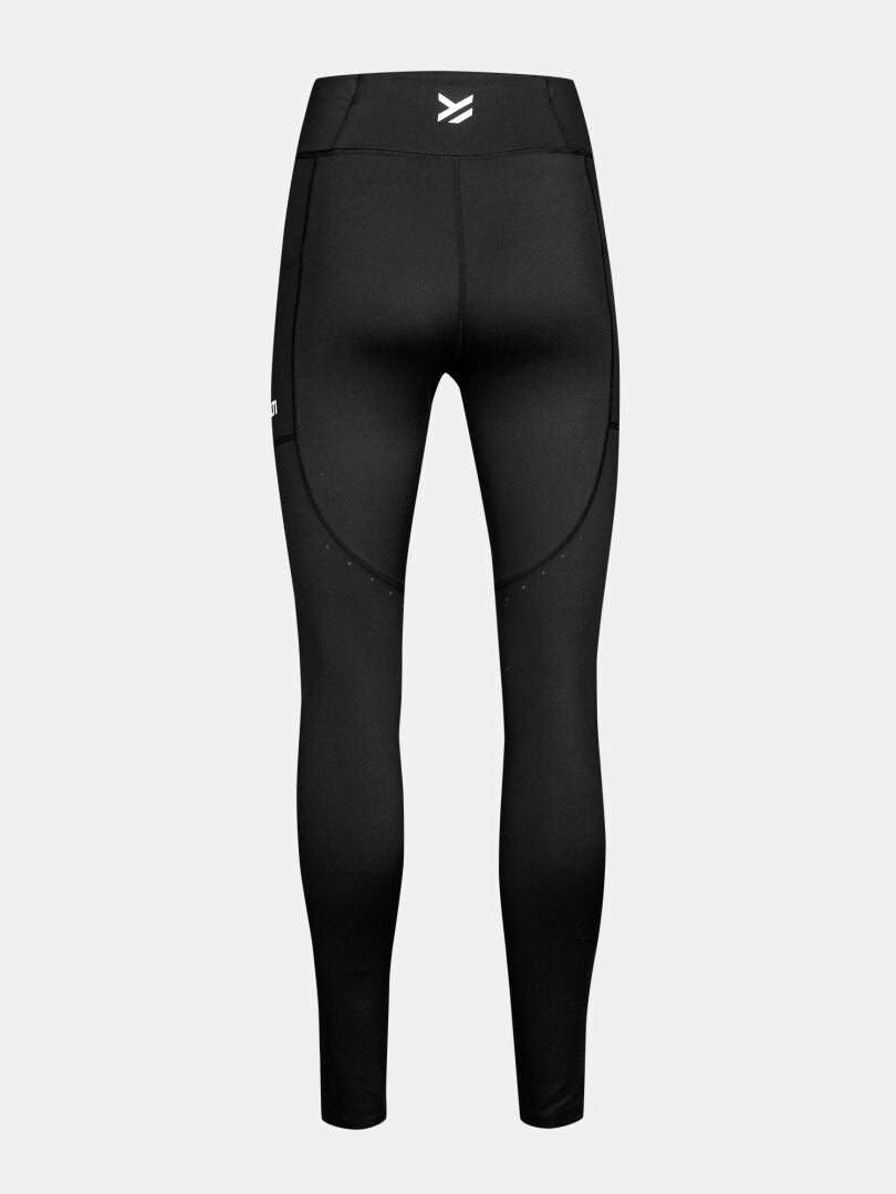Halti Kaldu Träningstights Dam-svarta leggings med hög midja, liten vit logga, perfekt för utomhusträning.