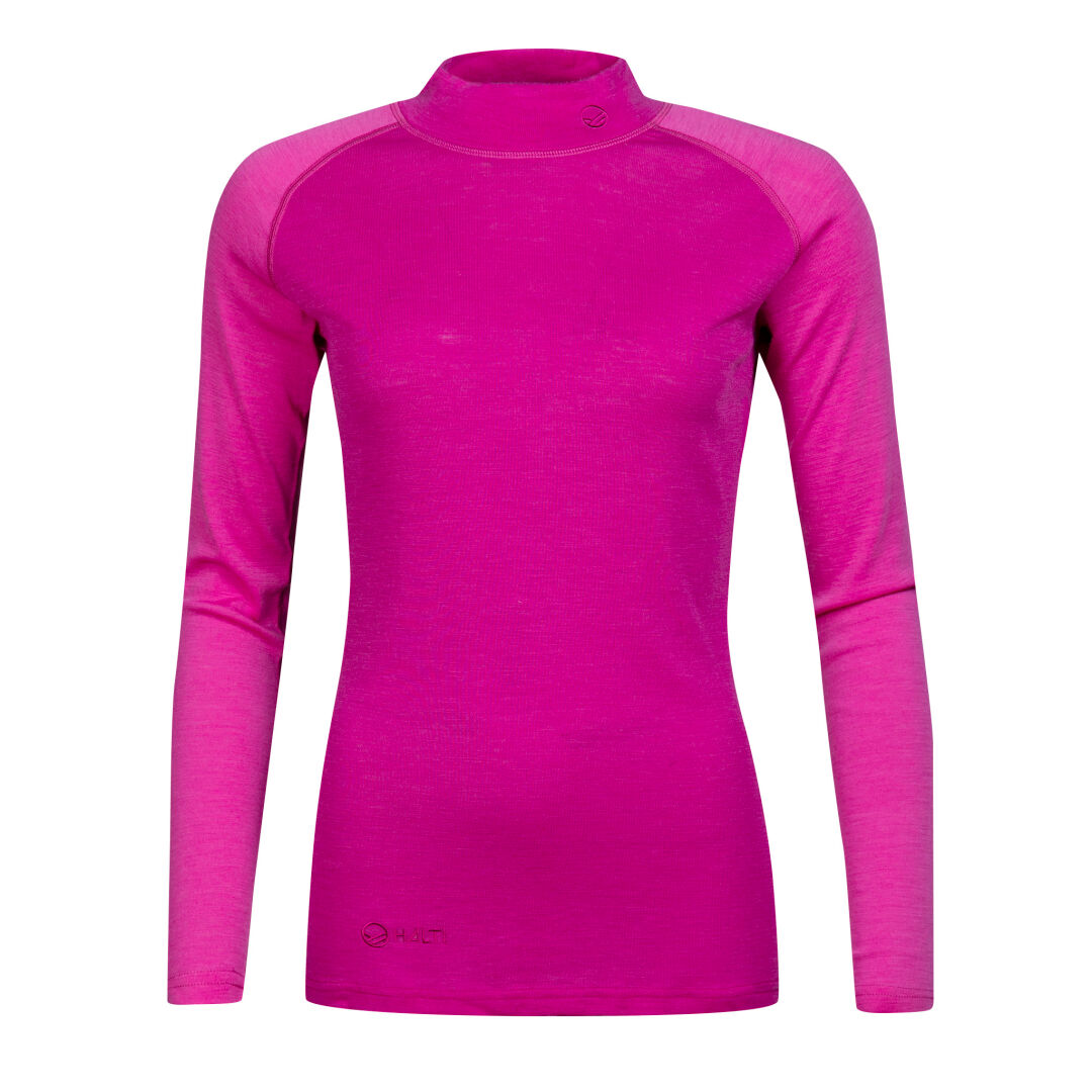 Halti Neva Merinoull Underställsset Dam: långärmad, ljusrosa sportskjorta i merinoblandning för dam, mock neck.