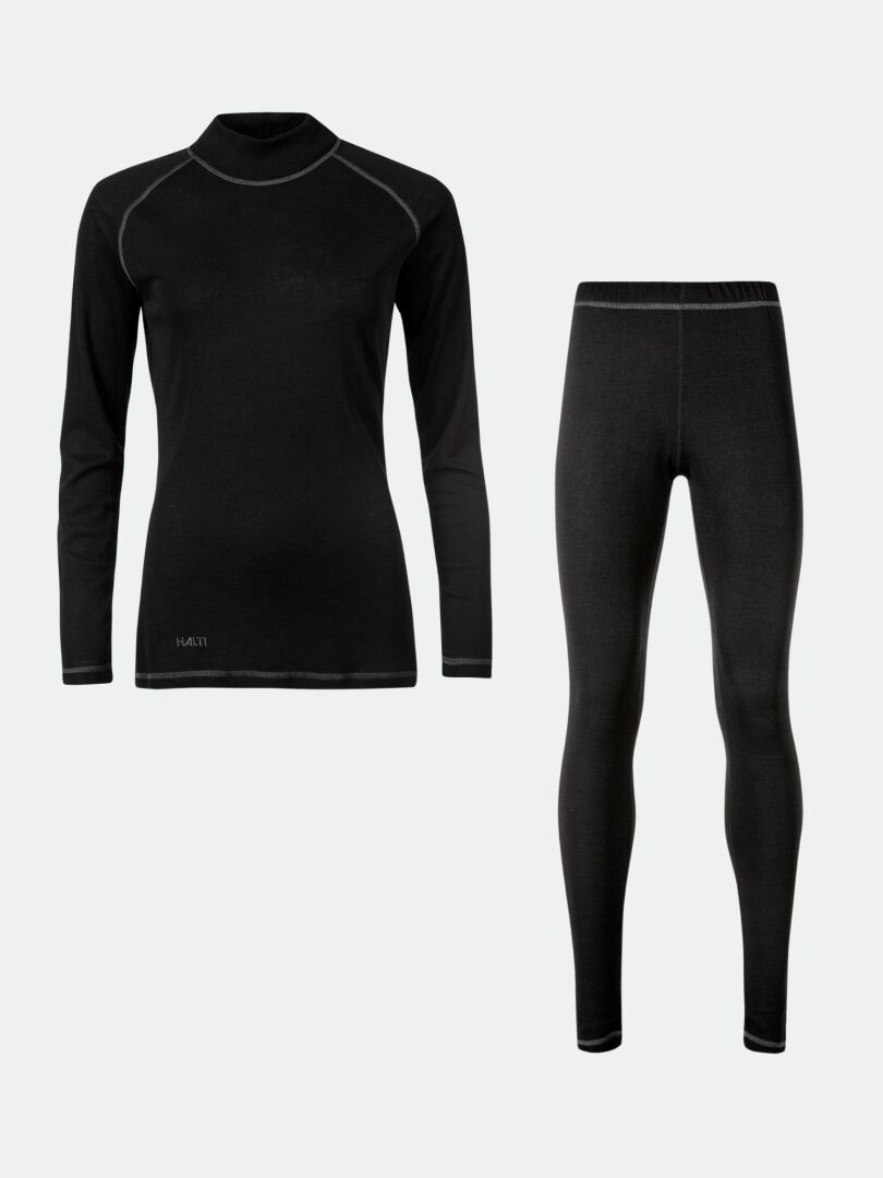Halti Neva Merinoull Underställsset Dam: svart topp och leggings i merinoullblandning på enfärgad ljus bakgrund.