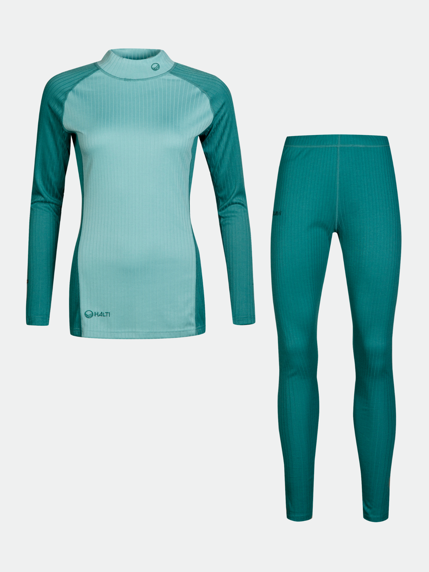 Halti Dual Underställ Set Dam i teal/ljusblå återvunnen polyester, perfekt för friluftsliv, på vit botten.