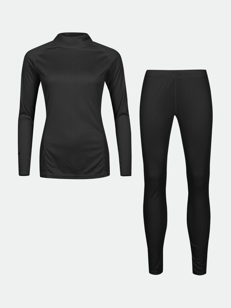 Halti Dual Underställ Set Dam: svart långärmad topp och leggings i återvunnen polyester, perfekt för utomhusbruk eller daglig användning.