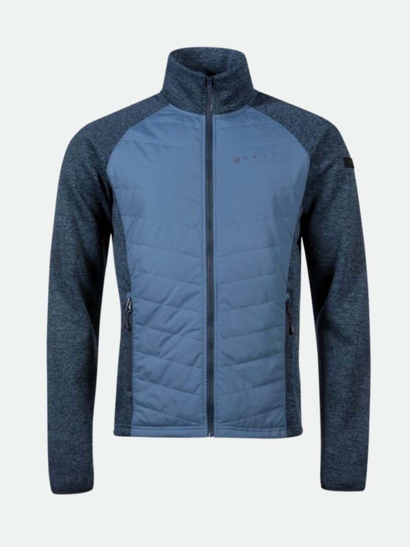 Halti Streams Hybrid Mellanlager Herr i blått/mörkgrått med quiltad front och sidofickor, på enfärgad bakgrund.