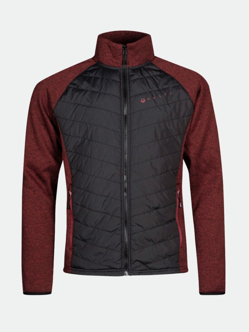 Halti Streams Hybrid Mellanlager Herr: rödbrun/svart fleecejacka med långa ärmar och två framfickor med dragkedja.