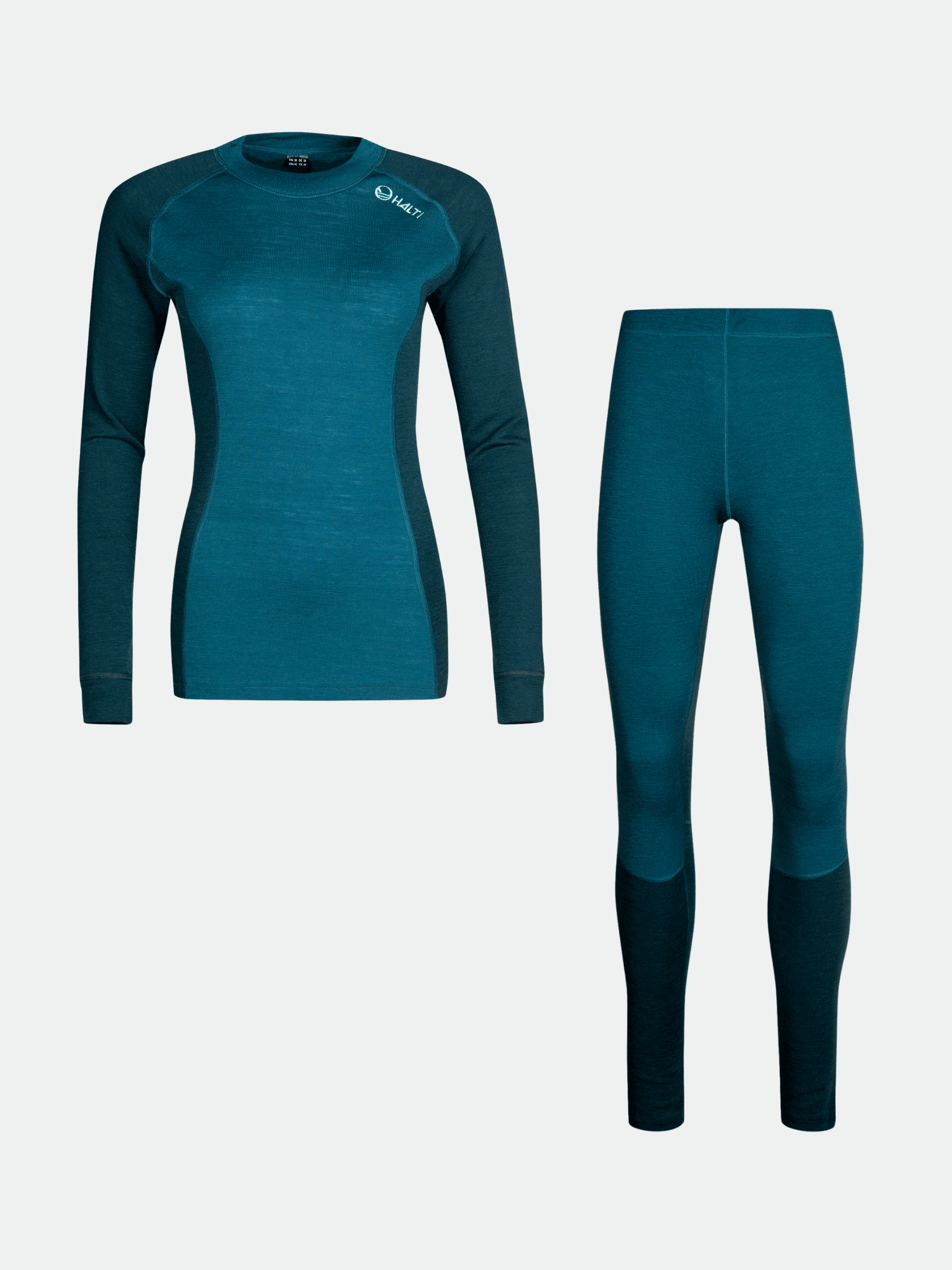 Halti Hossa Merinoull Underställ Set Dam: blågrön långärmad topp & leggings med mörka paneler på vit bakgrund.