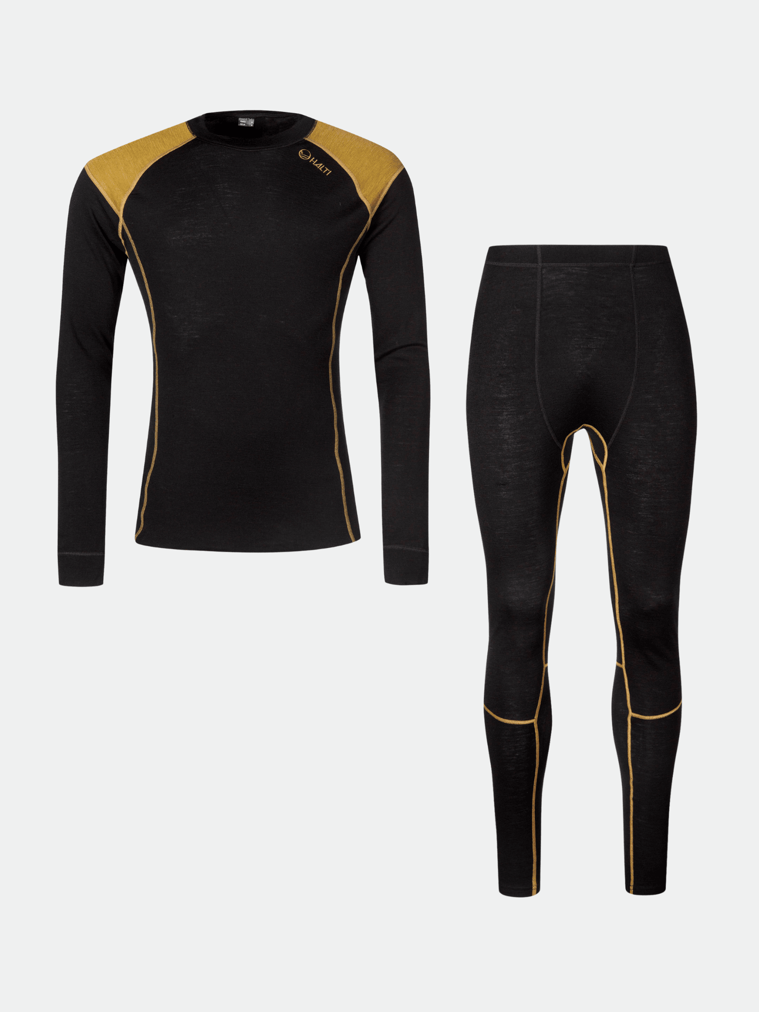 Halti Hossa Herr Merinoull Underställ Set i svart och guld, långärmad topp och leggings, på enfärgad bakgrund.