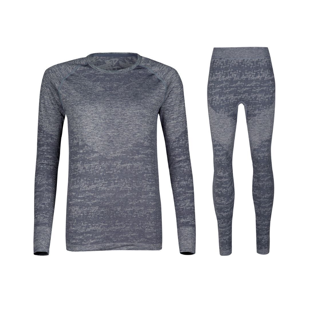 Halti Free Seamless Underställ Set Dam i grått, med långa ärmar och leggings, visas mot en vit bakgrund.