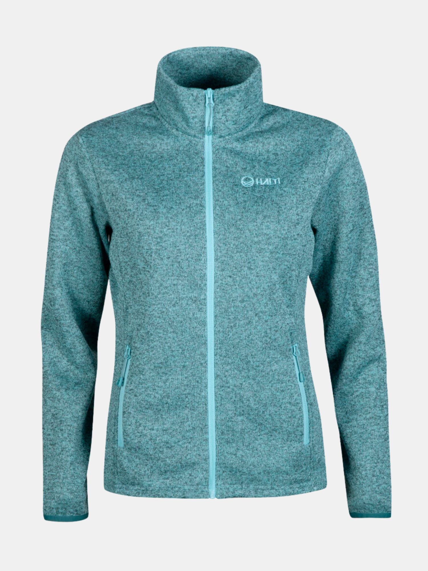 Halti Streams Mellanlager Dam i blågrön fleece har hög krage, långa ärmar och justerbar nederkant.