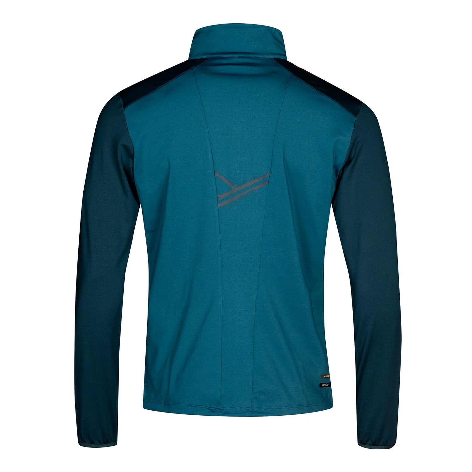 Halti Crosser Mellanlager Herr: blågrön/svart långärmad jacka i återvunnen polyester, hög krage, svag logotyp bak.