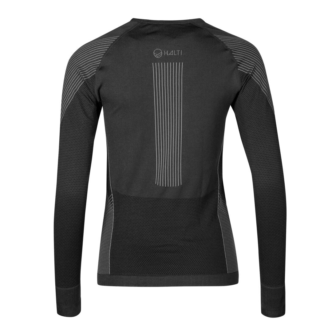 Halti Atom Seamless Underställ Set Dam har svarta långa ärmar, grå detaljer och en logotyp på övre delen av ryggen.