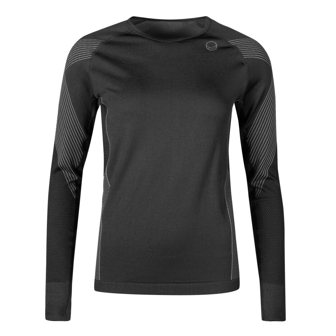 Halti Atom Seamless Underställ Set Dam är en svart långärmad topp med grå detaljer och fukttransporterande Active Dry-tyg.