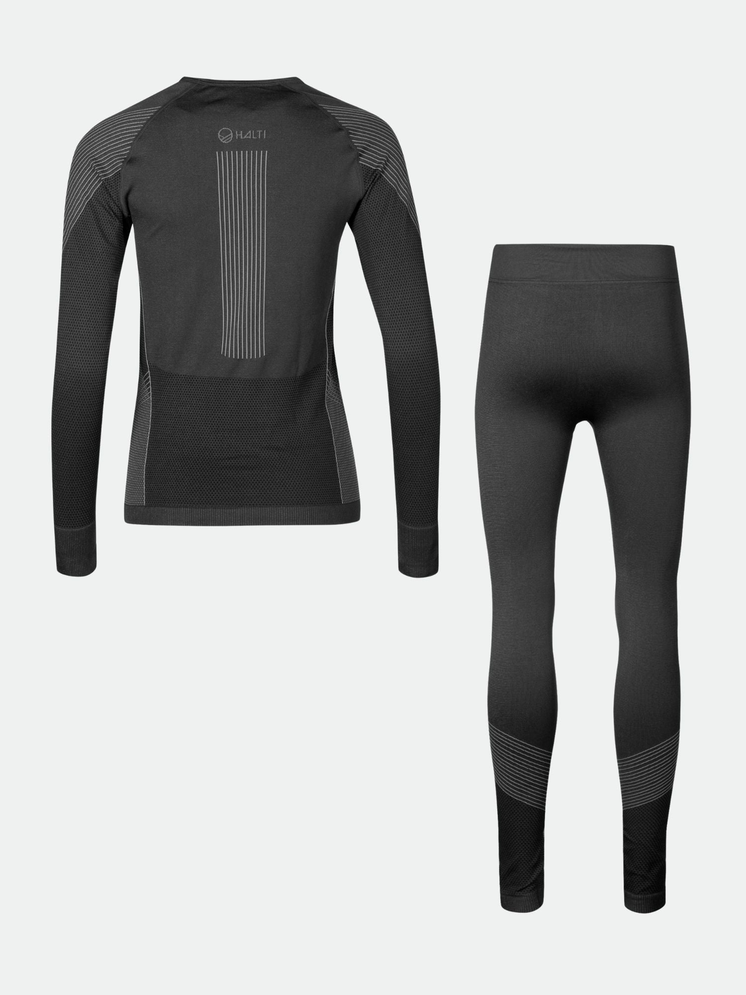 Halti Atom Seamless Underställ Set Dam: svart långärmad topp och leggings med grå ränder, bilden är bakifrån.