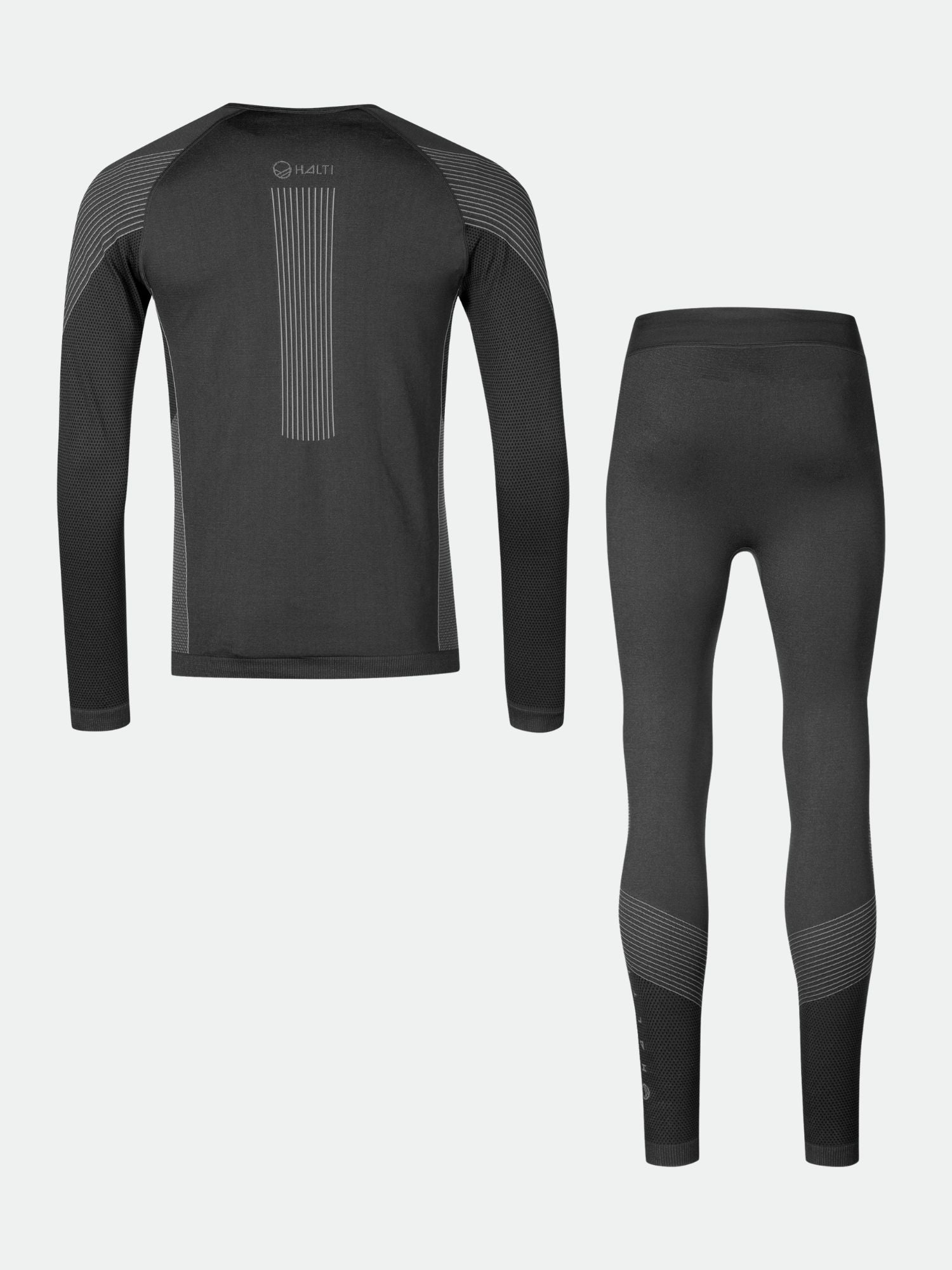 Halti Atom Seamless Underställ Set Herr i grå återvunnen polyester, bakifrån med subtila ränder.
