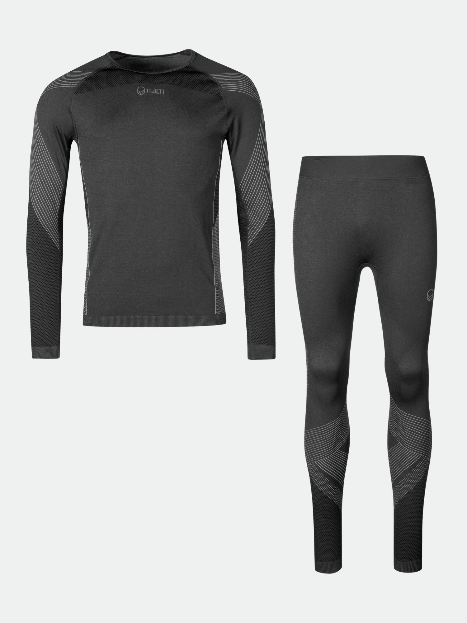 Halti Atom Seamless Underställ Set Herr i svart med grått mönster, tillverkad av återvunnen polyester för hög komfort.