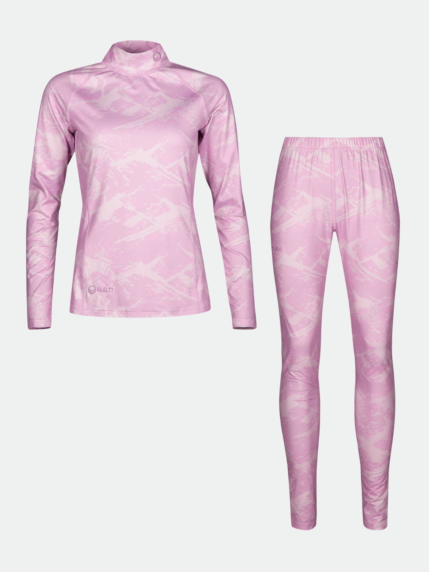 Halti Windfire Underställsset Dam i rosa mönster, långärmad topp och leggings i aktivt torrt tyg på vit bakgrund.
