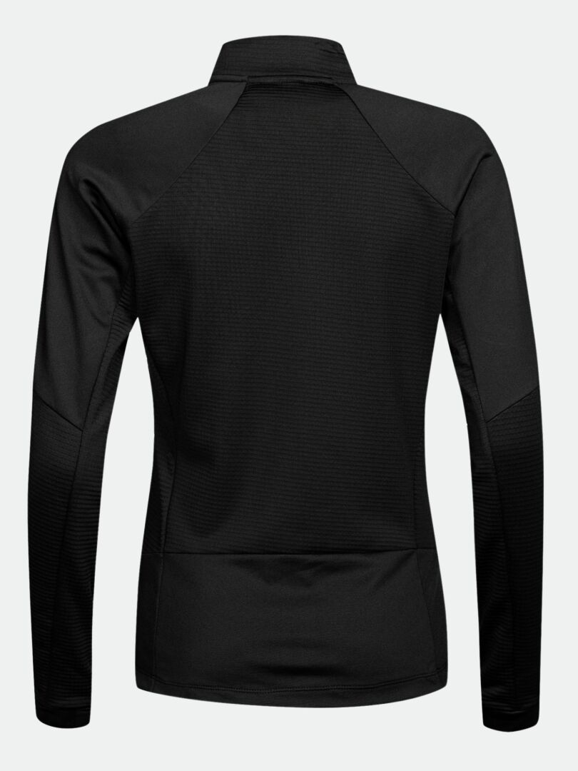Halti HeatGrid Mellanlager Dam: svart jacka för vandring i återvunnen polyester, sedd bakifrån mot ljus bakgrund.