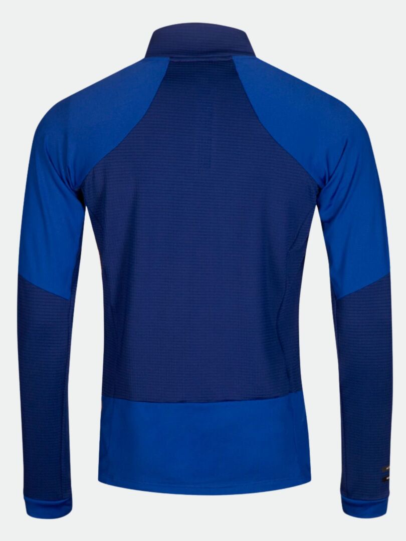 Halti HeatGrid Mellanlager Herr - tvåfärgad långärmad mellanlagerjacka i återvunnen polyester, visad bakifrån med krage.