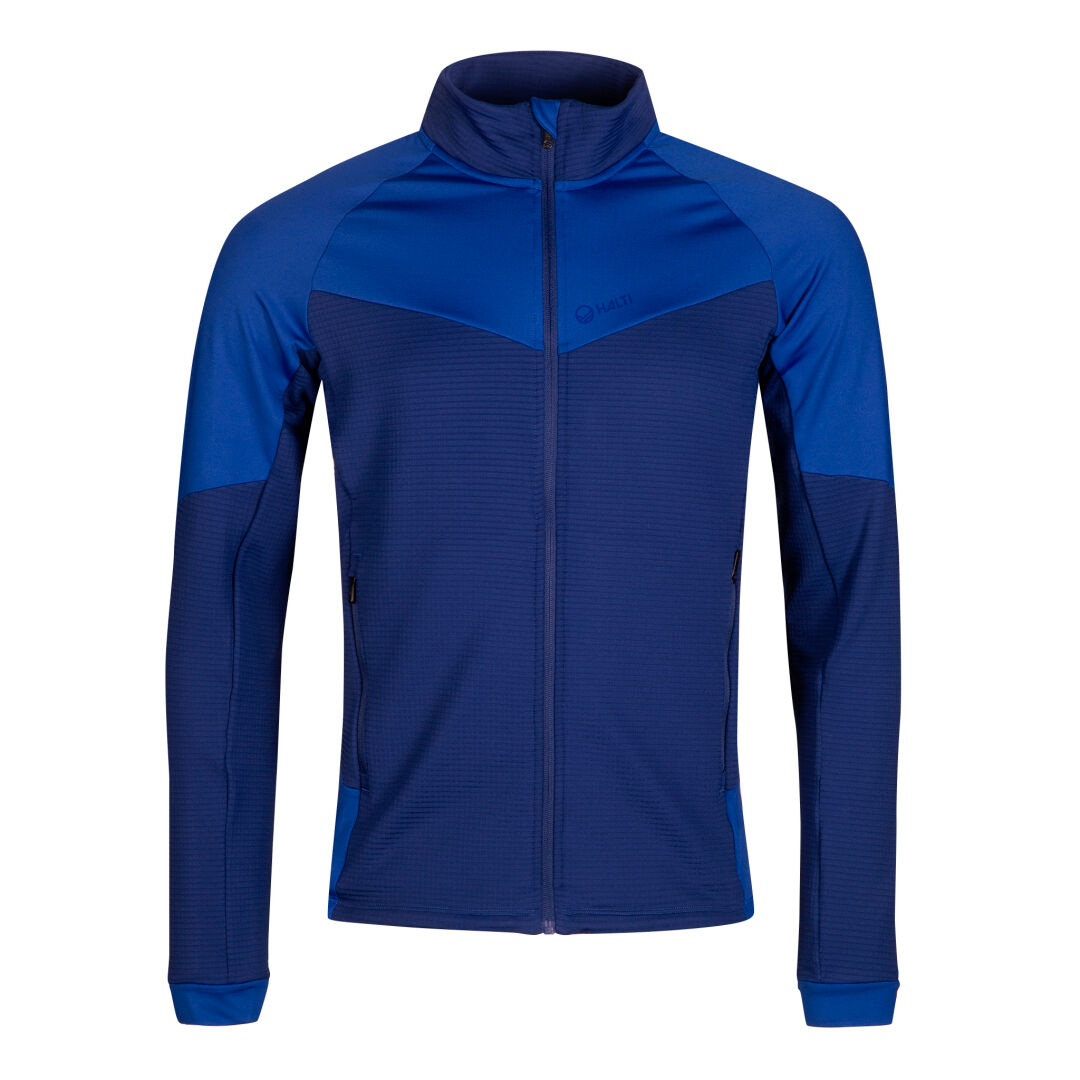 Halti HeatGrid Mellanlager Herr är en blå långärmad tröja tillverkad av återvunnen polyester, perfekt för vandring.