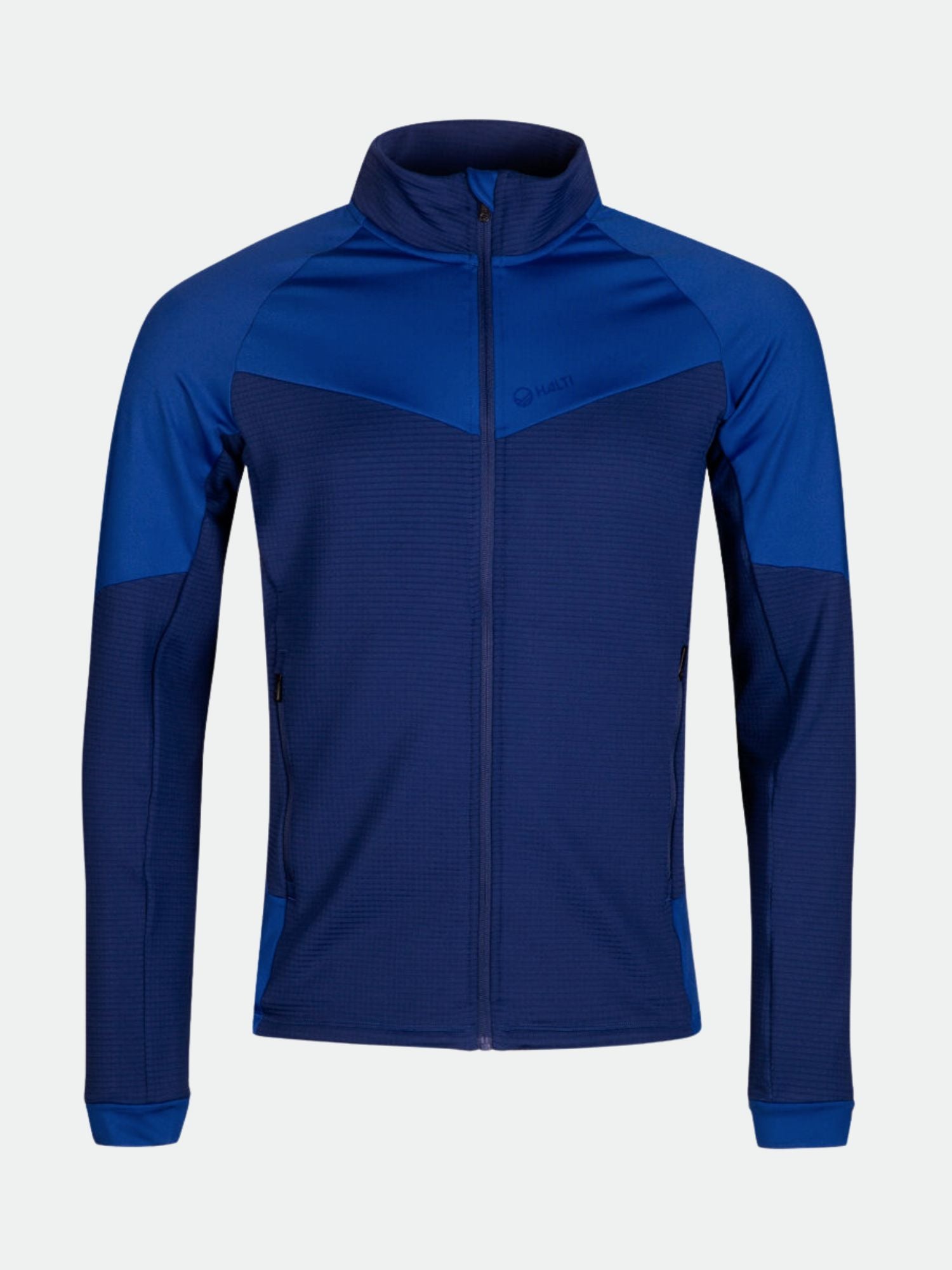 Halti HeatGrid Mellanlager Herr: blå teknisk långärmad jacka i återvunnen polyester med hög krage och sidfickor.