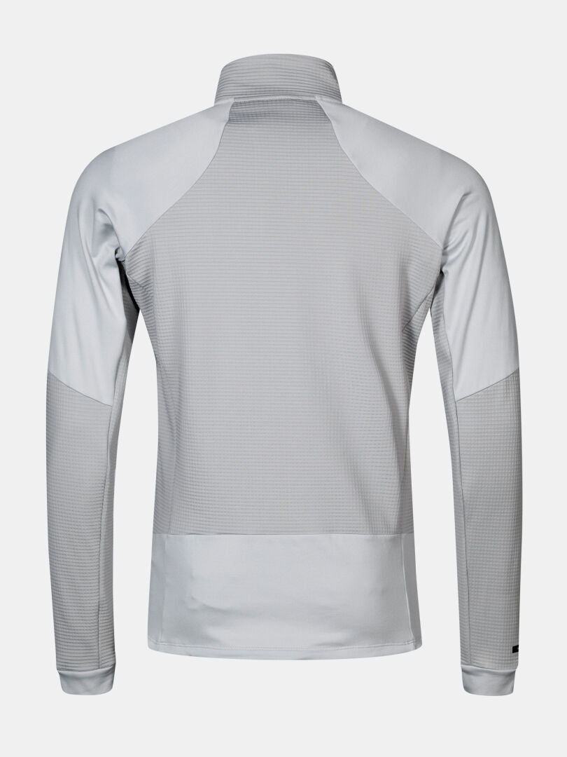 Bakifrån på Halti HeatGrid Mellanlager Herr i ljusgrått med uppstående krage, perfekt som mellanlager vid vandring.
